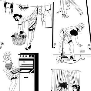 50’s Housewives wallpaper by Dupenny in black and white, flat sample of 1950s housewives