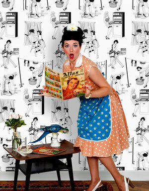 50’s Housewives wallpaper by Dupenny in black and white, 1950s housewives in a kitchen
