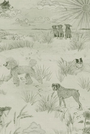 Dog Tales wallpaper by Victoria Sanders in green, full repeat of a toile of dogs in the countryside