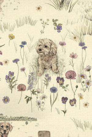 Dog Tales wallpaper by Victoria Sanders in green, detail of a toile of dogs in the countryside