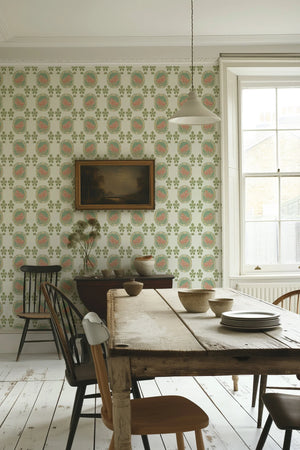 Flying Horse of the Silk Road wallpaper by Annika Reed in green and pink, flying horses in medallions behind a dining table