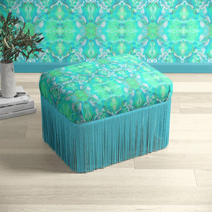 Naples velvet by Liberty James Studio in turquoise, an ornate kaleidoscope design covering a footstool