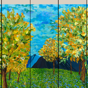 Silva grasscloth by Dami and Em Design in blue and green, full repeat of painted trees