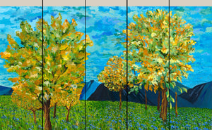 Silva grasscloth by Dami and Em Design in blue and green, full repeat of painted trees