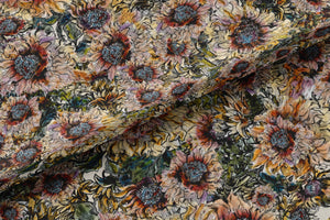Hues of Sunflowers linen by Dami and Em Design in yellow and brown, full repeat of sunflowers