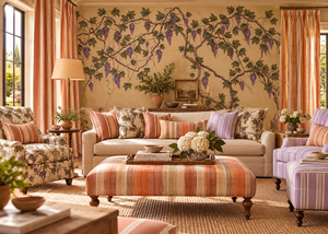 Stripe Weave linen by Dami and Em Design in sage green, woven stripes in a living room