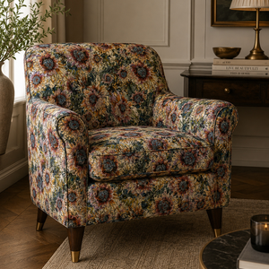 Hues of Sunflowers linen by Dami and Em Design in yellow and brown, sunflowers upholstered on an armchair