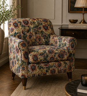 Hues of Sunflowers linen by Dami and Em Design in yellow and brown, sunflowers upholstered on an armchair