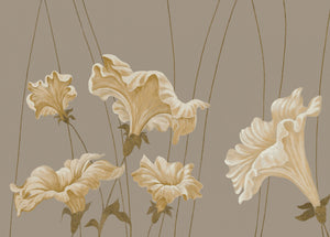 Dancing Flowers wallpaper by Dami and Em Design in beige, large dancing flowers on a living room wall