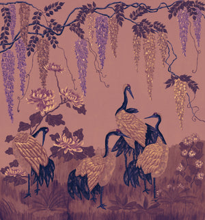 Wisteria Peony and Cranes wallpaper by Dami and Em Design in pink, pattern sample of wisteria, peonies and cranes