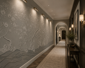 Peacock Garden in Bloom wallpaper by Dami and Em Design in grey, peacocks in a garden in a hallway