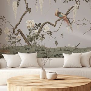 Birdsong By the Lake wallpaper by Dami and Em Design in pink, birds and blossom by a lake in a living room