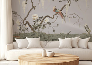 Birdsong By the Lake wallpaper by Dami and Em Design in pink, birds and blossom by a lake in a living room