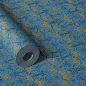 Indigo Lace on Antique Gold wallpaper by Dami and Em Design in blue, roll showing a lace pattern