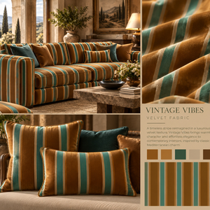 Vintage Vibe Stripe velvet by Dami and Em Design in green and orange, style sheet showing vintage stripes