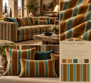 Vintage Vibe Stripe velvet by Dami and Em Design in green and orange, style sheet showing vintage stripes