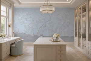 Peacock Garden in Bloom wallpaper by Dami and Em Design in blue, peacocks in a garden in a styled room setting
