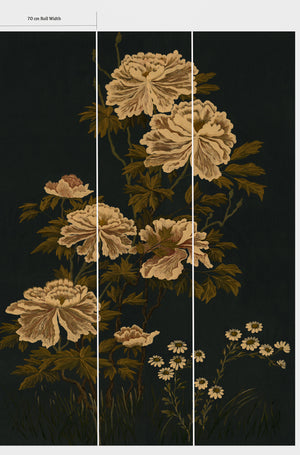 Whispers of Peony wallpaper by Dami and Em Design in charcoal, flat sample of peonies