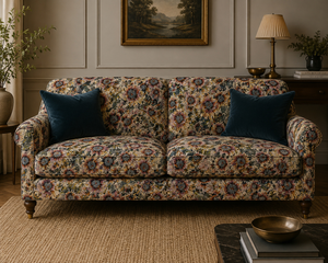 Hues of Sunflowers Linen Fabric on a sofa