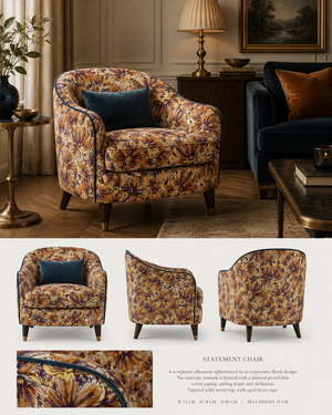 Mystical Forest Midnight Meadows linen by Dami and Em Design in black and orange upholstered on an armchair
