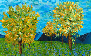 Silva grasscloth by Dami and Em Design in blue and green, flat sample of painted trees