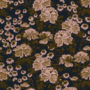 Whispers of Peony velvet by Dami and Em Design in pink and black, full repeat of peonies