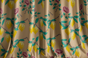 Tuscan Romance velvet by Dami and Em Design in yellow and pink, draped, showing lemons and roses
