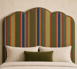 Stripe Weave linen by Dami and Em Design in terracotta, woven stripes on a bedroom wall