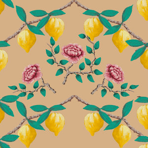 Tuscan Romance velvet by Dami and Em Design in yellow and pink, full repeat of lemons and roses