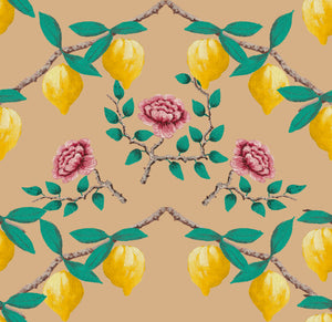 Tuscan Romance velvet by Dami and Em Design in yellow and pink, full repeat of lemons and roses