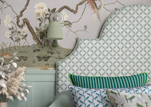Birdsong By the Lake wallpaper by Dami and Em Design in pink, close-up of birds and blossom by a lake
