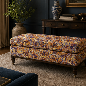 Mystical Forest Midnight Meadows linen by Dami and Em Design in black and orange, a forest of flowers in a living room
