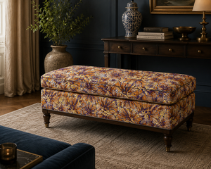 Mystical Forest Midnight Meadows linen by Dami and Em Design in black and orange, a forest of flowers in a living room