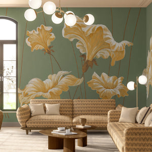 Dancing Flowers wallpaper by Dami and Em Design in pale green, large dancing flowers in a living room
