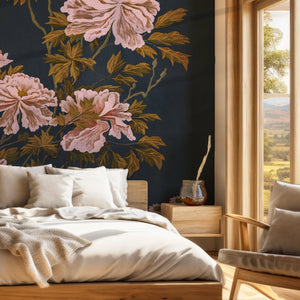 Whispers of Peony wallpaper by Dami and Em Design in charcoal, peonies in a bedroom