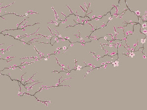 Blossom wallpaper by Dami and Em Design in beige, full repeat of blossom branches