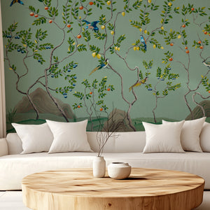 Citrus Trees wallpaper by Dami and Em Design in blue, citrus trees in a living room