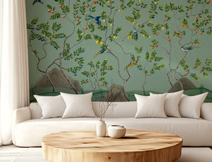 Citrus Trees wallpaper by Dami and Em Design in blue, citrus trees in a living room