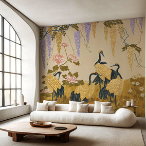 Wisteria Peony and Cranes wallpaper by Dami and Em Design in beige, wisteria, peonies and cranes in a living room