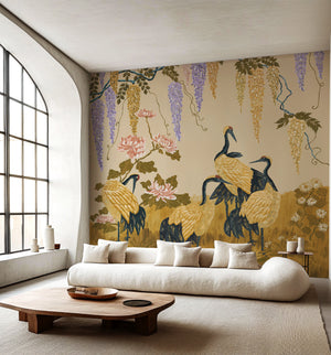 Wisteria Peony and Cranes wallpaper by Dami and Em Design in beige, wisteria, peonies and cranes in a living room