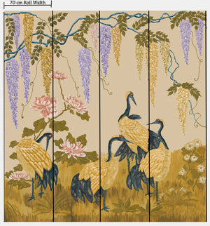 Wisteria Peony and Cranes wallpaper by Dami and Em Design in beige, full repeat of wisteria, peonies and cranes