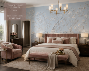 Peacock Garden in Bloom wallpaper by Dami and Em Design in blue, peacocks in a garden in a bedroom