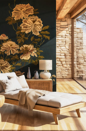 Whispers of Peony wallpaper by Dami and Em Design in gold, peonies behind a bed