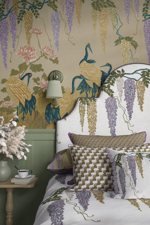 Hand Drawn linen by Dami and Em Design, a hand-drawn design on a headboard in a bedroom