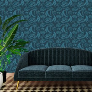 Chattering of Choughs wallpaper by Annika Reed in teal, choughs among leaves in a living room