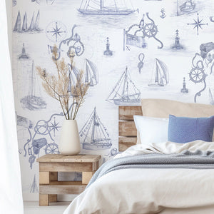Cowes wallpaper by XV Interiors in blue, sailing boats and anchors in a bedroom
