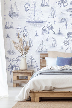 Cowes wallpaper by XV Interiors in blue, sailing boats and anchors in a bedroom