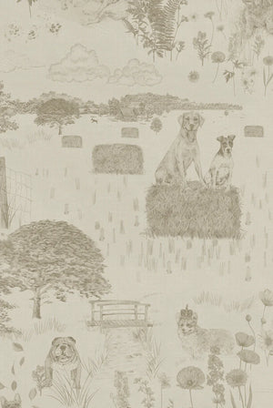 Dog Tales wallpaper by Victoria Sanders in cream, flat sample of a toile of dogs in the countryside