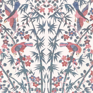Palamara wallpaper by Deus ex Gardenia in blue and red, full repeat of mirrored birds and flowers