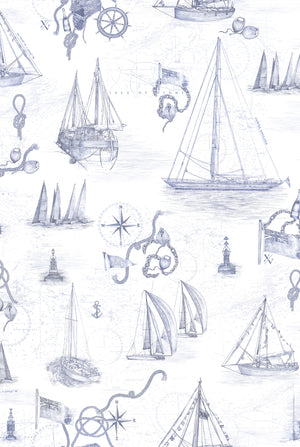Cowes wallpaper by XV Interiors in blue, pattern sample of sailing boats and anchors
